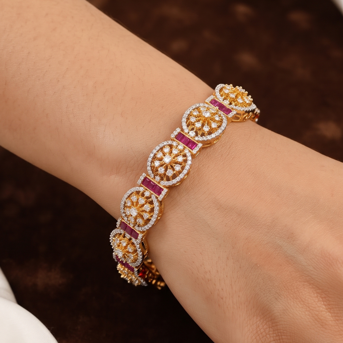 Gold-Plated Ruby & CZ Floral Link Bracelet