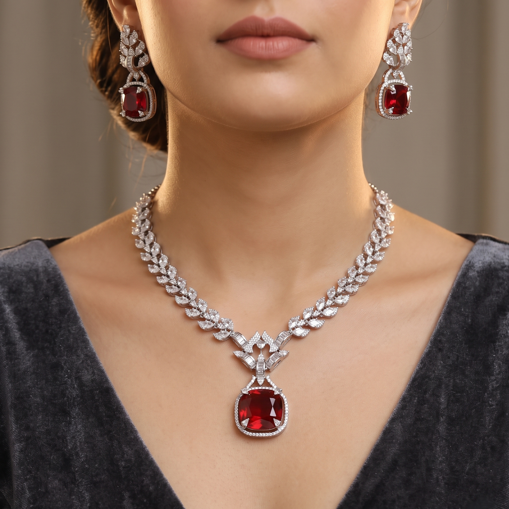 Silver Plated Emerald Stone & CZ Leaf Design Necklace Set with Earrings