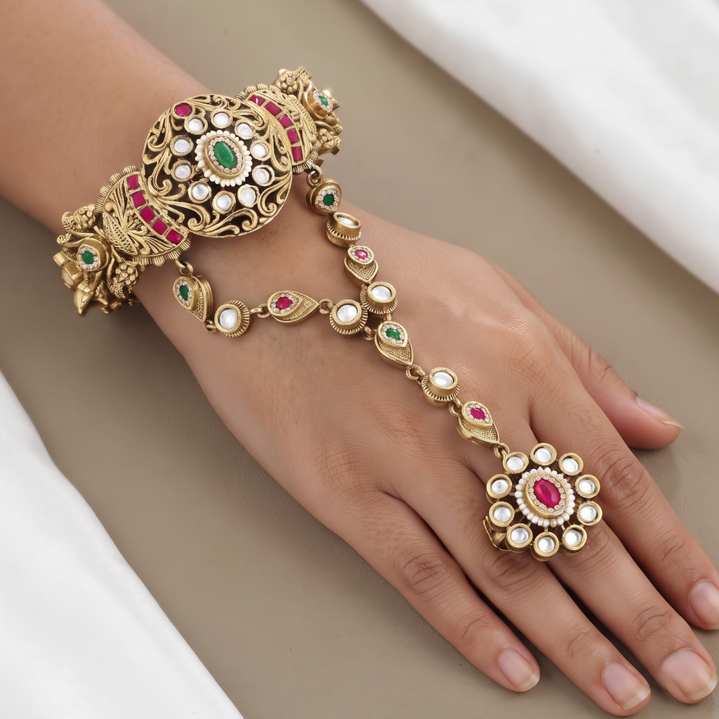 Antique Gold Hathphool with Ruby & Emerald Stones