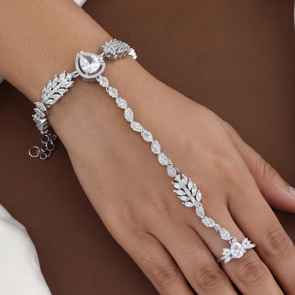 Silver-Plated Leaf CZ Haathphool & Hand Harness