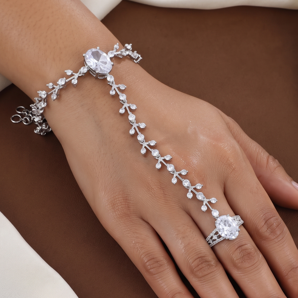 Silver-Plated Floral Vine CZ Haathphool & Hand Harness