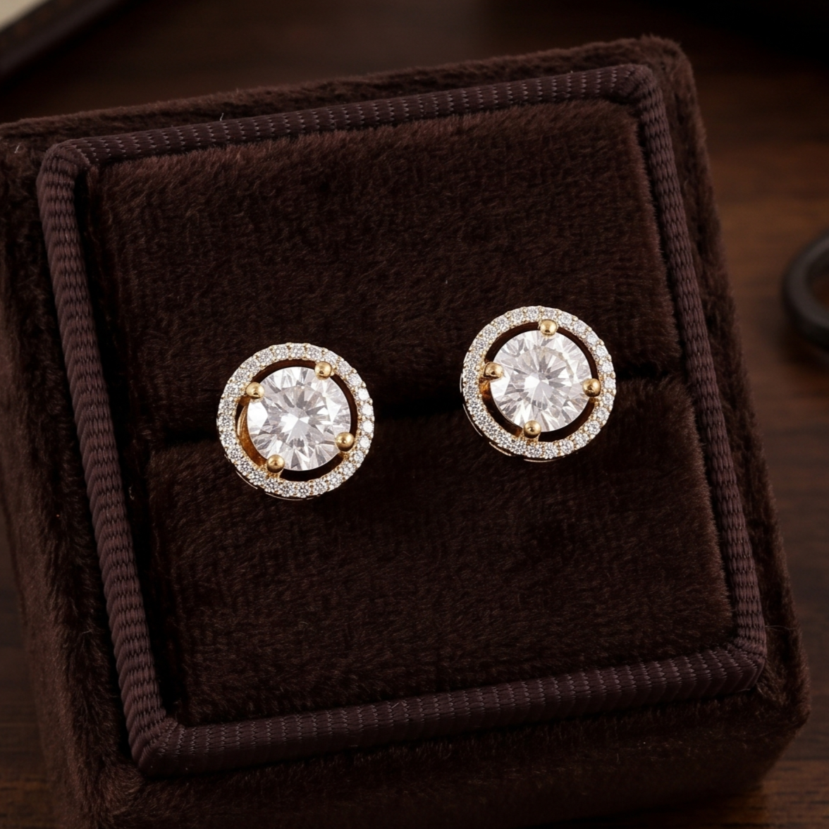 Gold Plated Solitaire Halo Stud Earrings