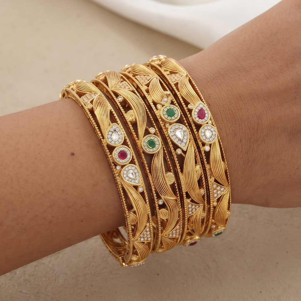 Designer Gold-Plated Leaf Pattern Bangles with Gemstones