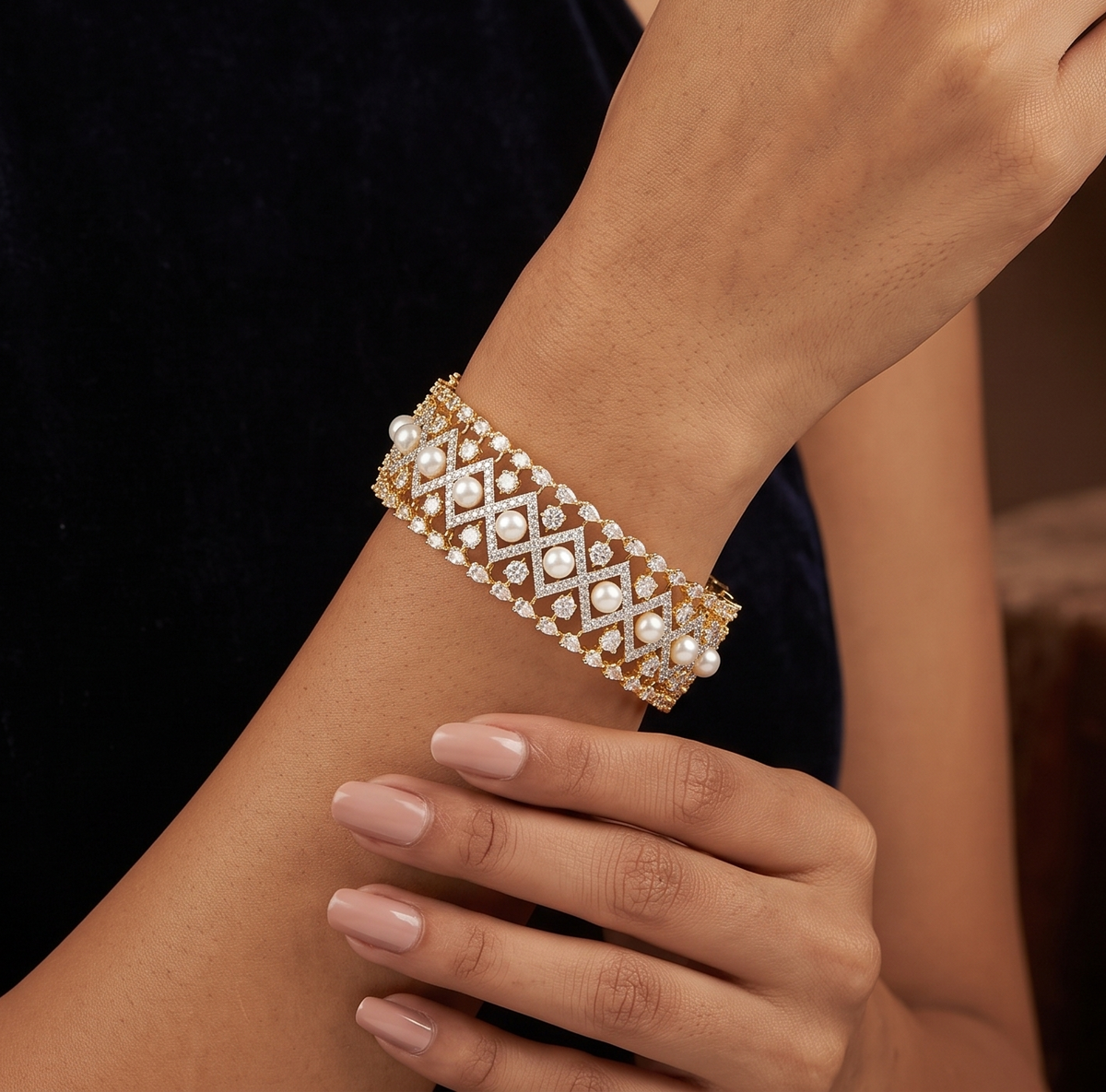 Lattice Pearl & Stone-Embellished Gold Finish Bangle Bracelet
