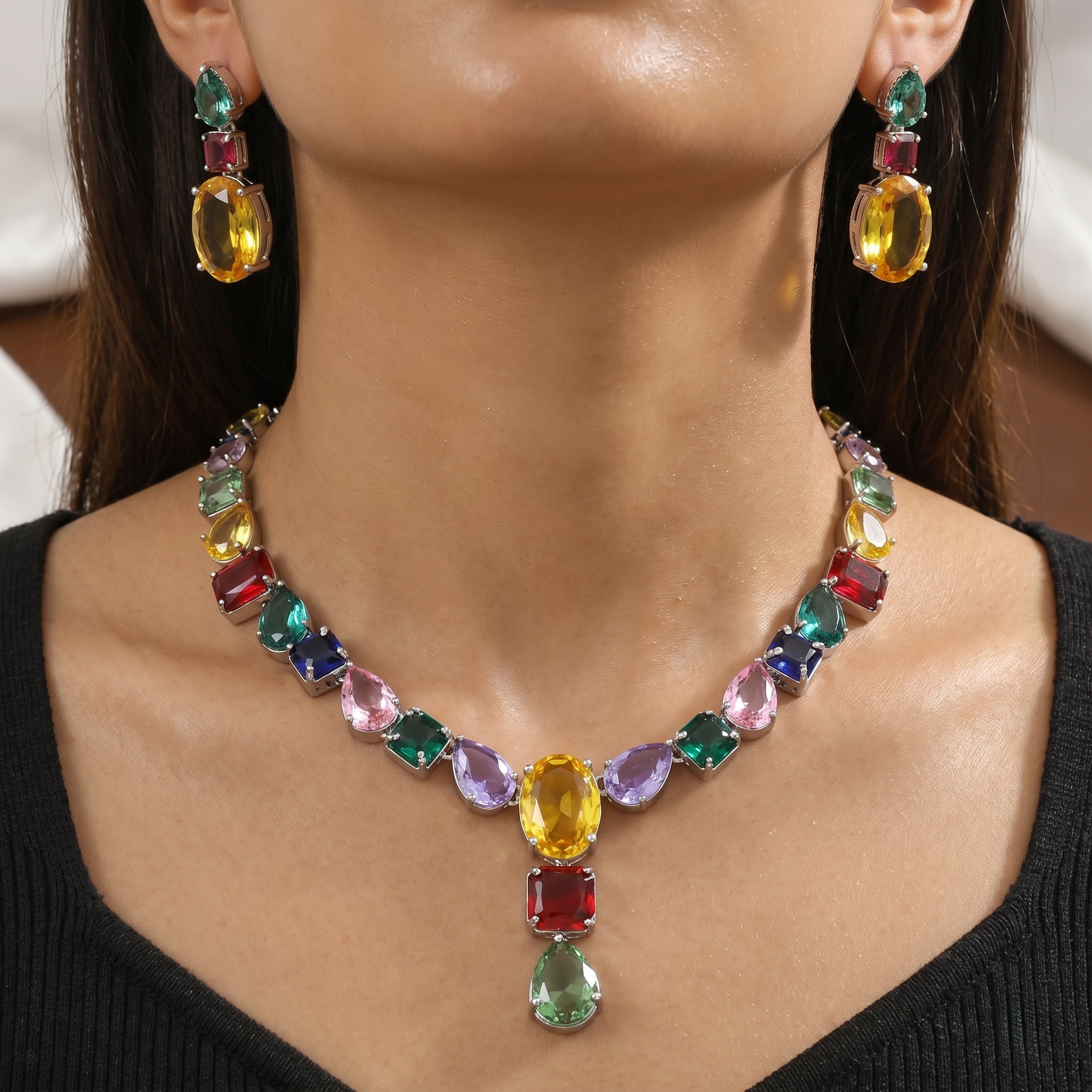 Multicolor Crystal Statement Necklace & Earrings Set
