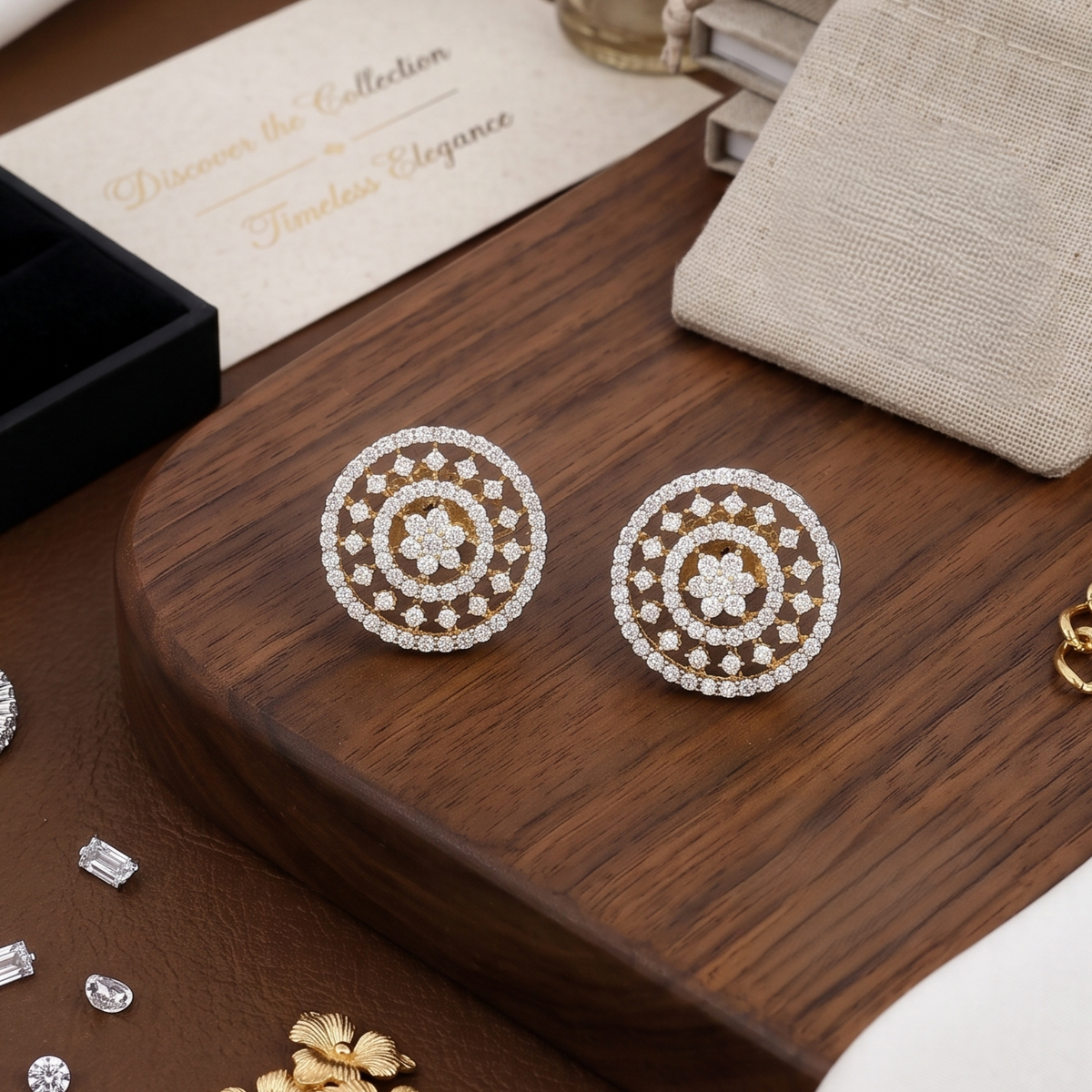 Gold Plated Circular Lattice Diamond Stud Earrings
