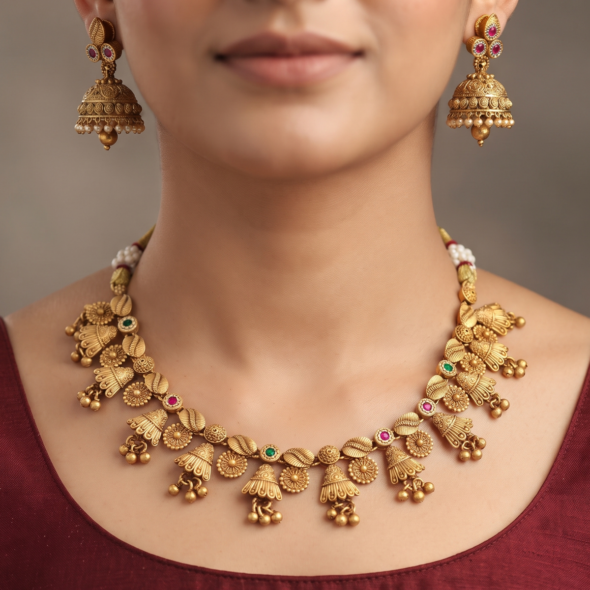 Traditional Gold-Plated Jhumka Charm Choker Necklace Set