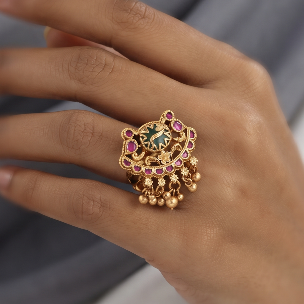 Antique Gold Peacock Statement Ring with Ruby Stones & Ghungroos