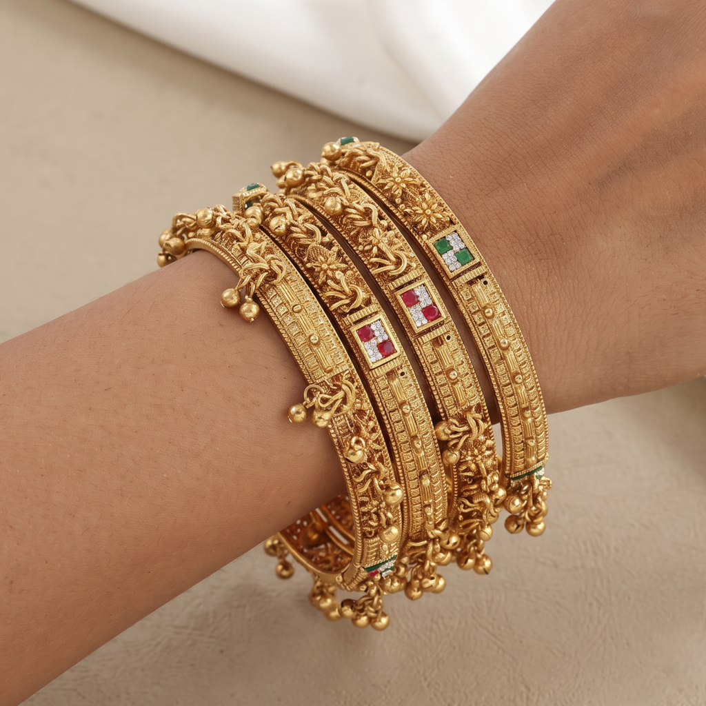 Designer Gold-Plated Bangle Set with Gemstones & Charms