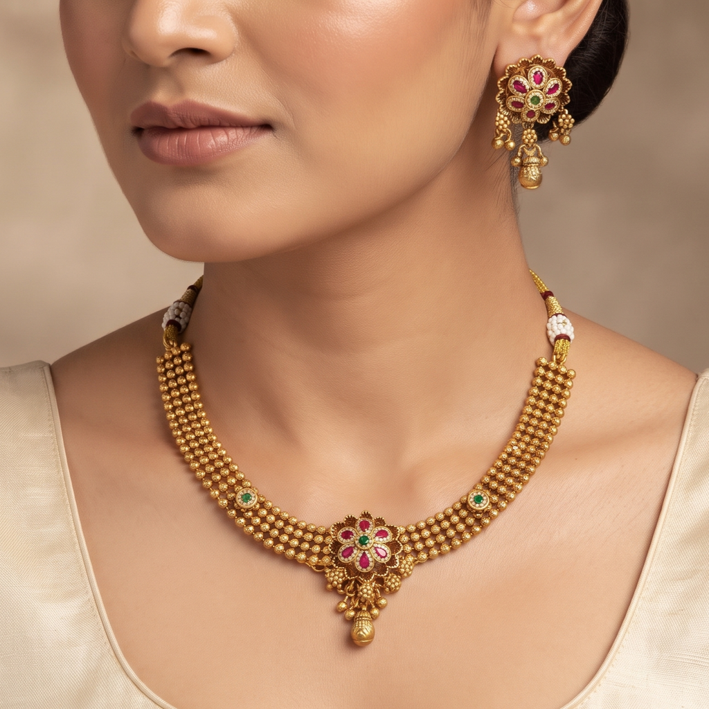 Traditional Gold-Plated Multi-Strand Beaded Floral Choker Set