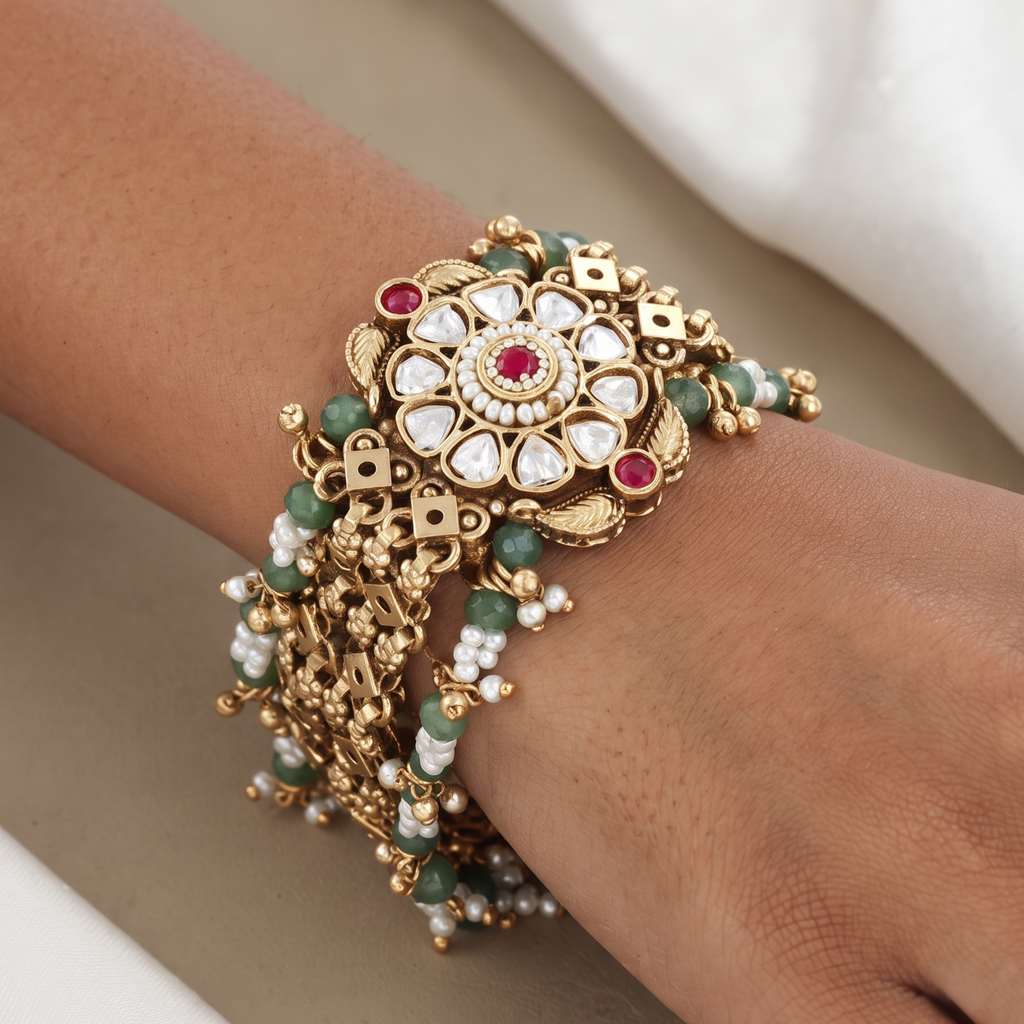 Grand Gold-Plated Polki & Bead Multi-Strand Statement Bracelet