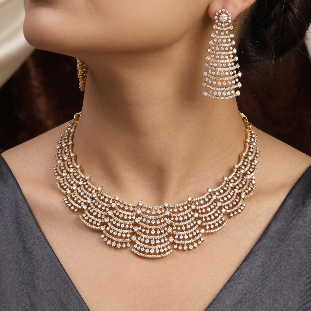 Elegant Mehndi American Diamond Necklace Set with Earrings