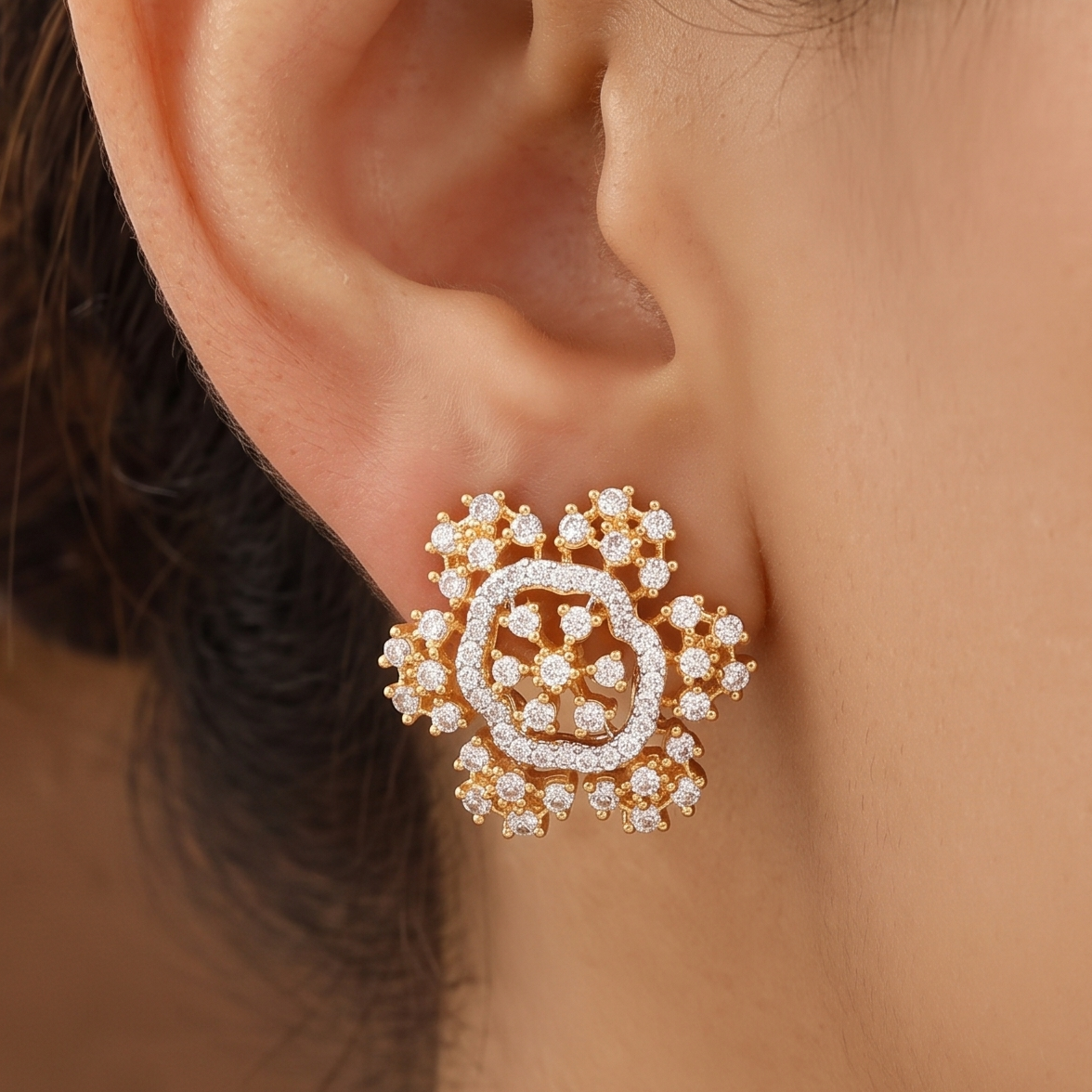 Designer Gold Sparkling Starburst Diamond Studs