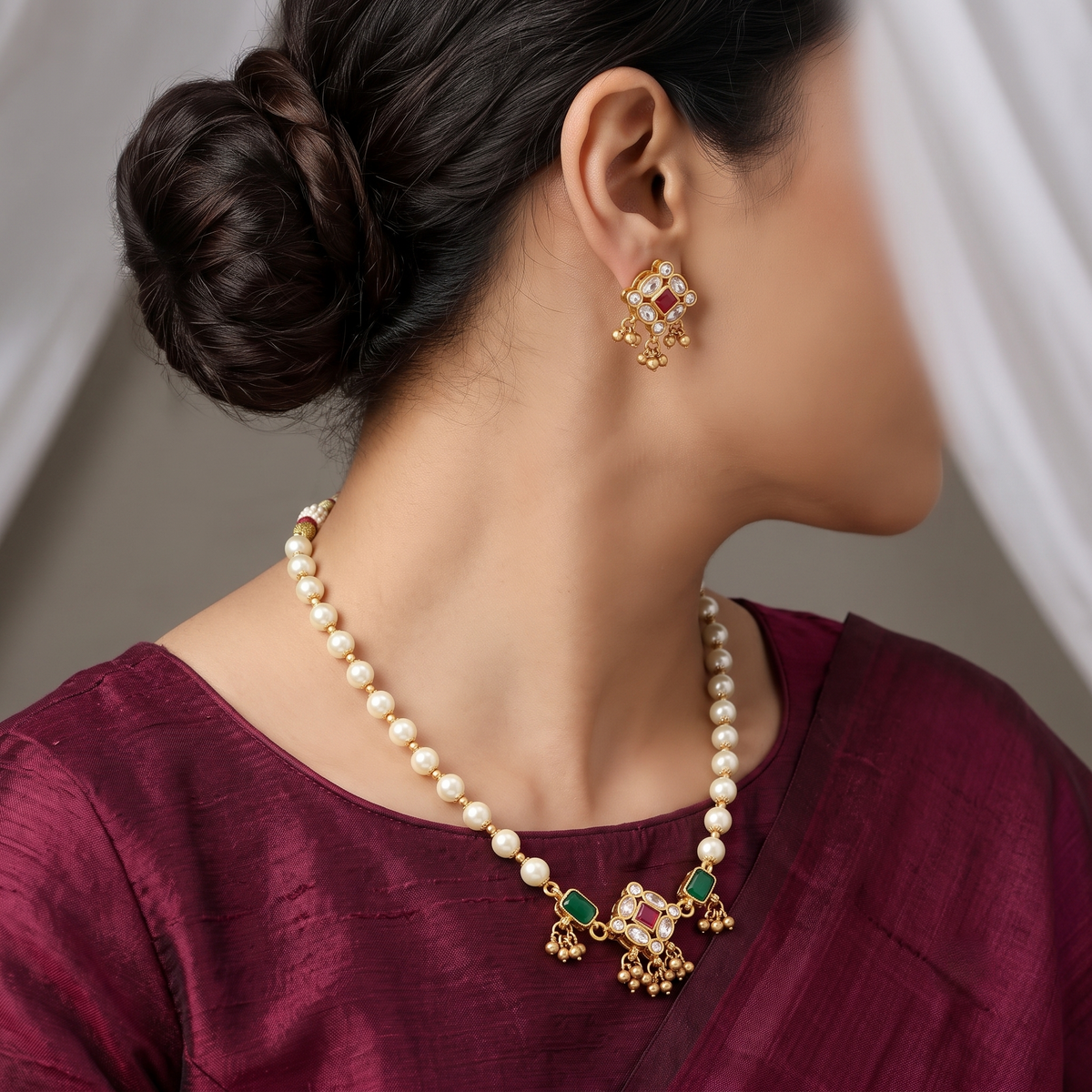 Traditional Gold-Plated Pearl & Stone Necklace Set with Earrings