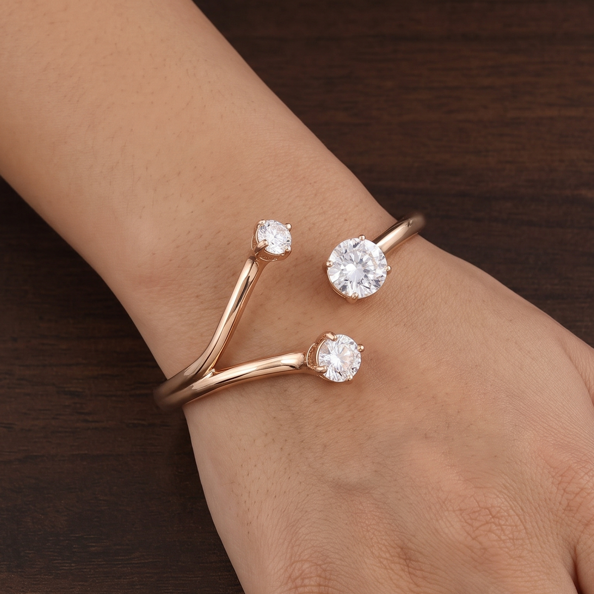 Rose Gold Open Cuff Bracelet with Trio Solitaire CZ Stones
