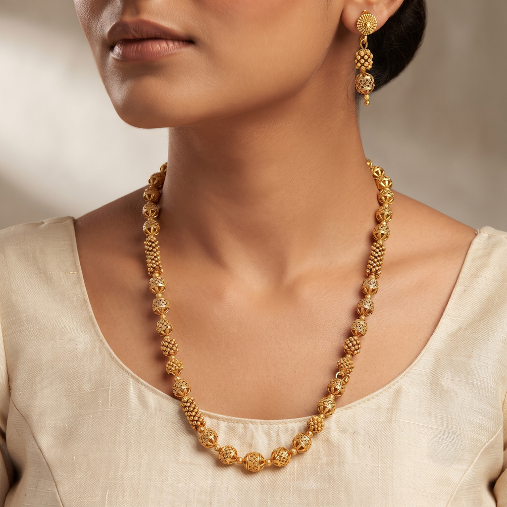Traditional Gold-Plated Patterned Beaded Long Mala Set