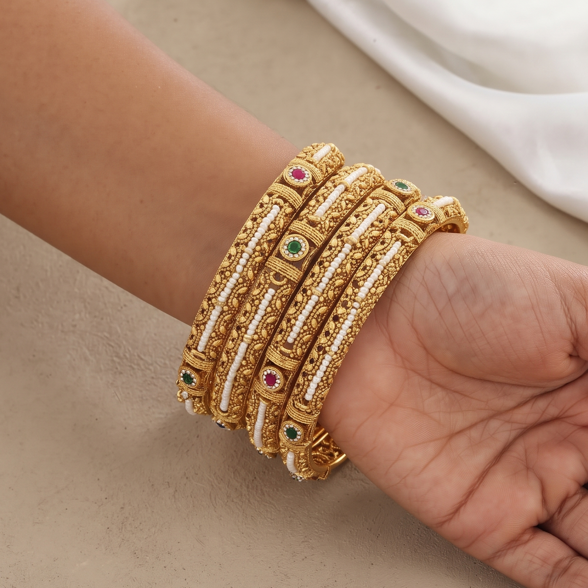 Traditional Gold-Plated Pearl & Gemstone Bangles