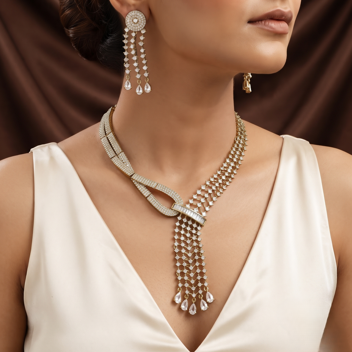 Modern Multi-Strand Crystal Lariat Diamond Necklace Set