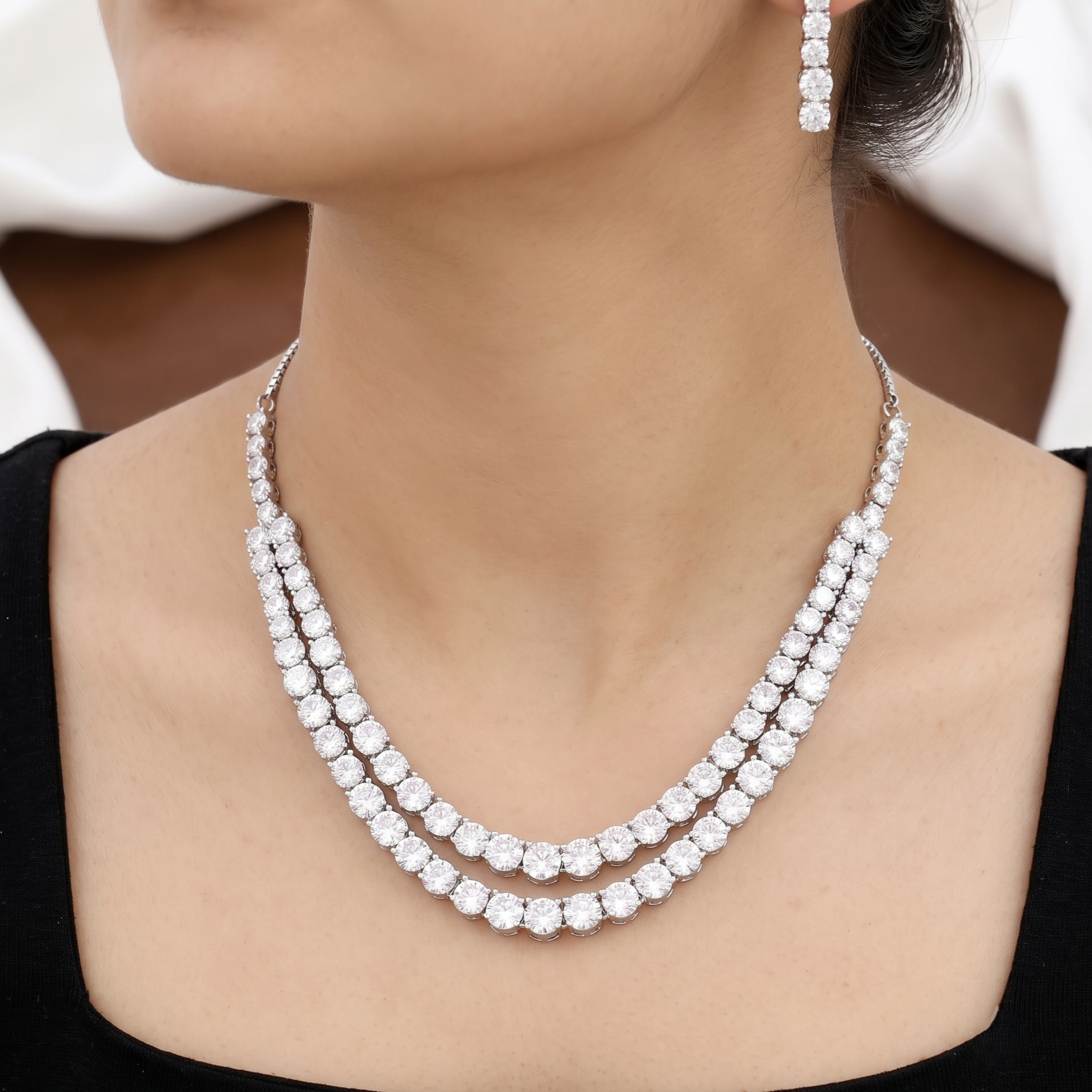 Silverpolished Double Layer American Diamond Necklace Set with Earrings