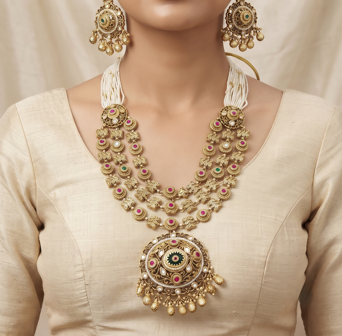 Traditional Gold-Plated Seed Pearl Long Necklace Set