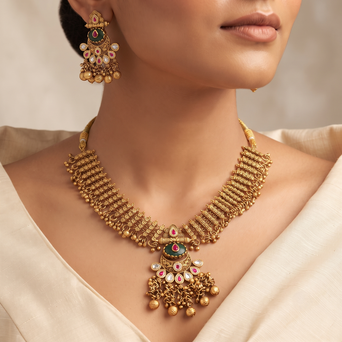 Traditional Gold-Plated Enamel & Stone Choker Necklace Set