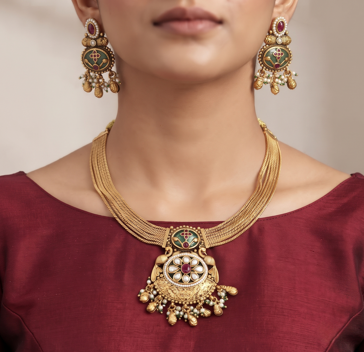Traditional Gold-Plated Multi-Strand Stone Pendant Necklace Set