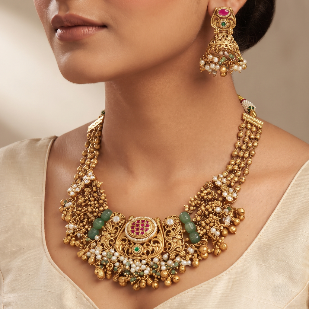 Traditional Gold-Plated Multi-Strand Temple Necklace Set