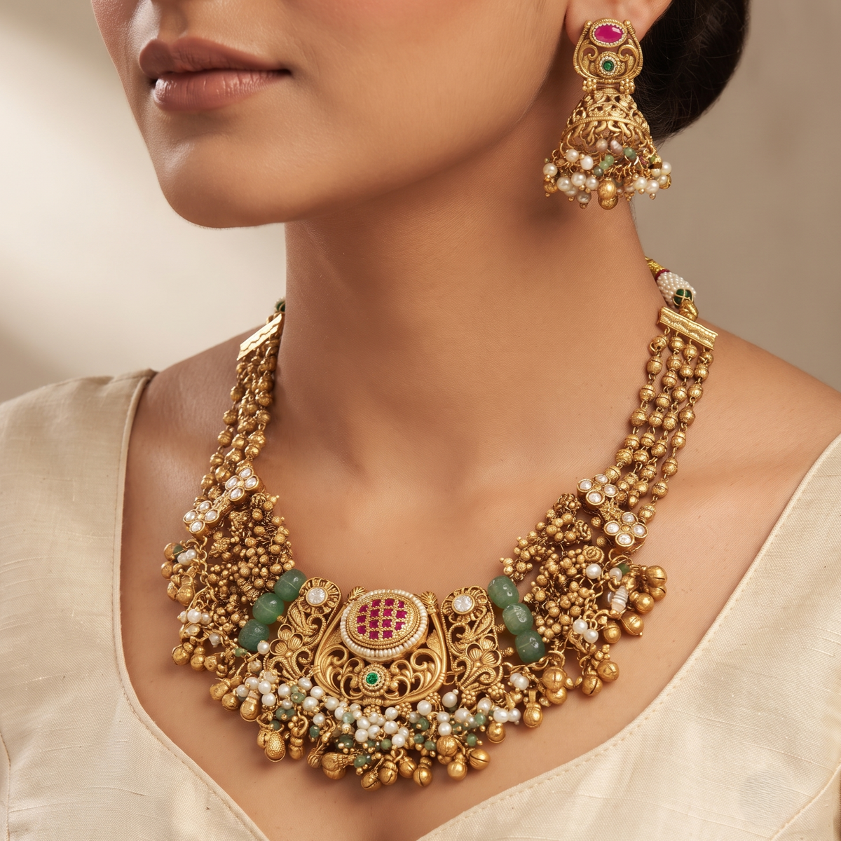 Traditional Gold-Plated Multi-Strand Temple Necklace Set