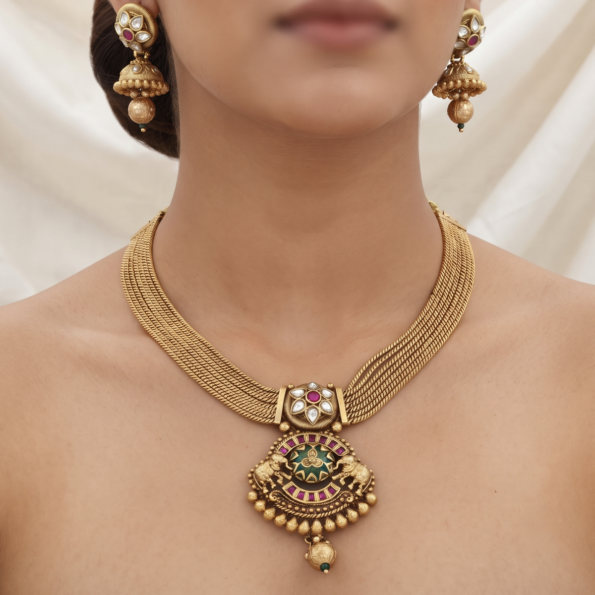 Traditional Gold-Plated Mesh Chain Temple Necklace Set