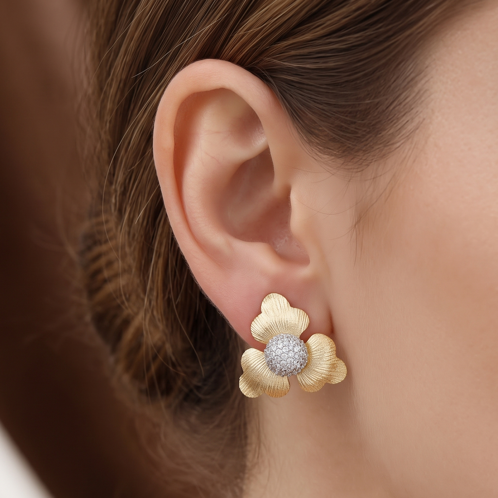 Matte Gold 3-Petal Floral Stud Earrings with Pave CZ Dome