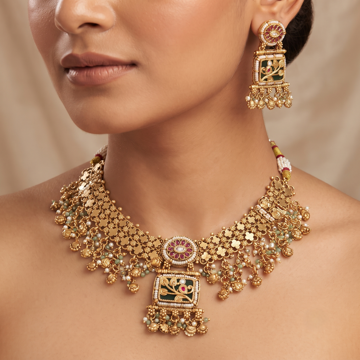 Traditional Gold-Plated Enamel & Stone Choker Necklace Set
