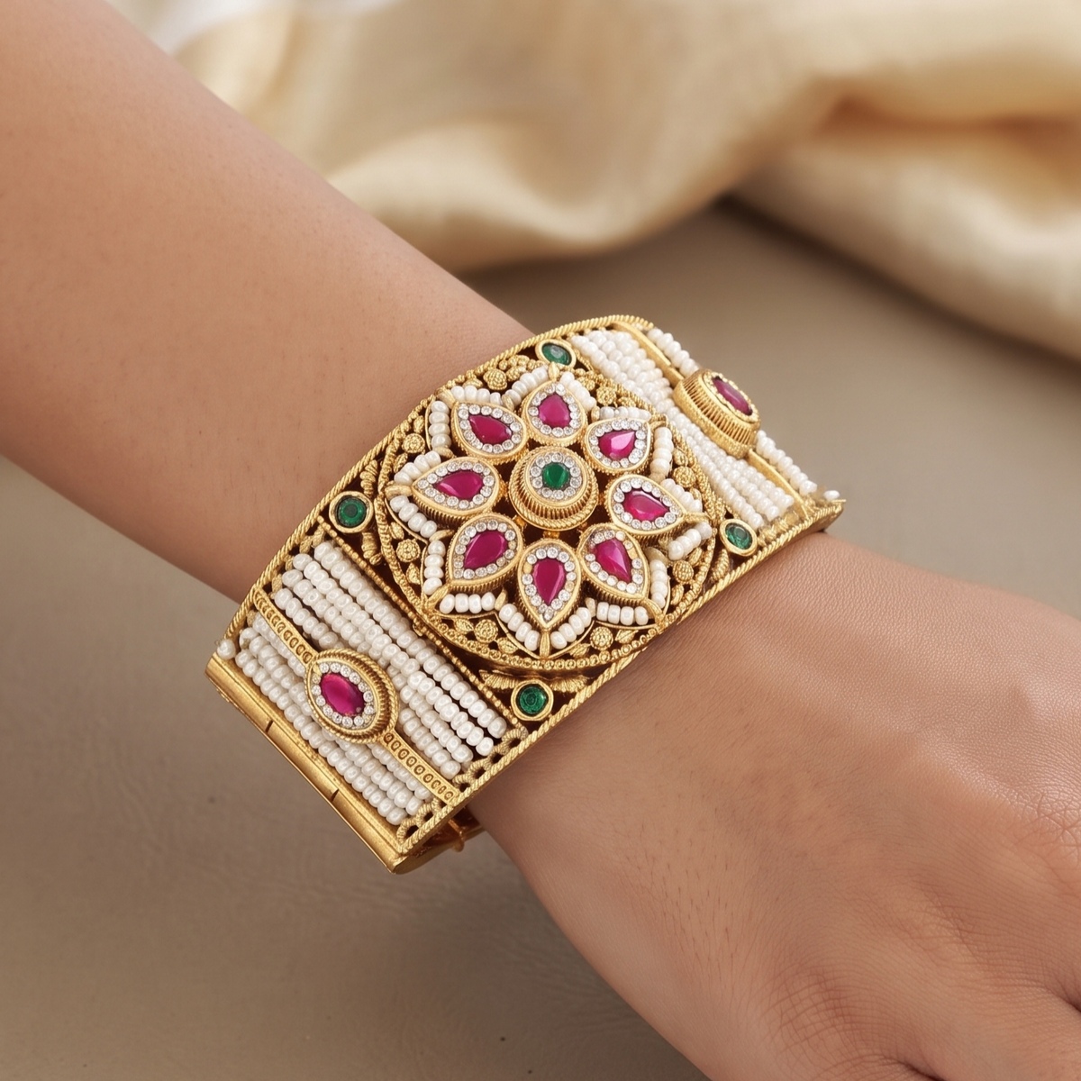 Antique Gold Pearl Kada Bracelet with Ruby & Emerald