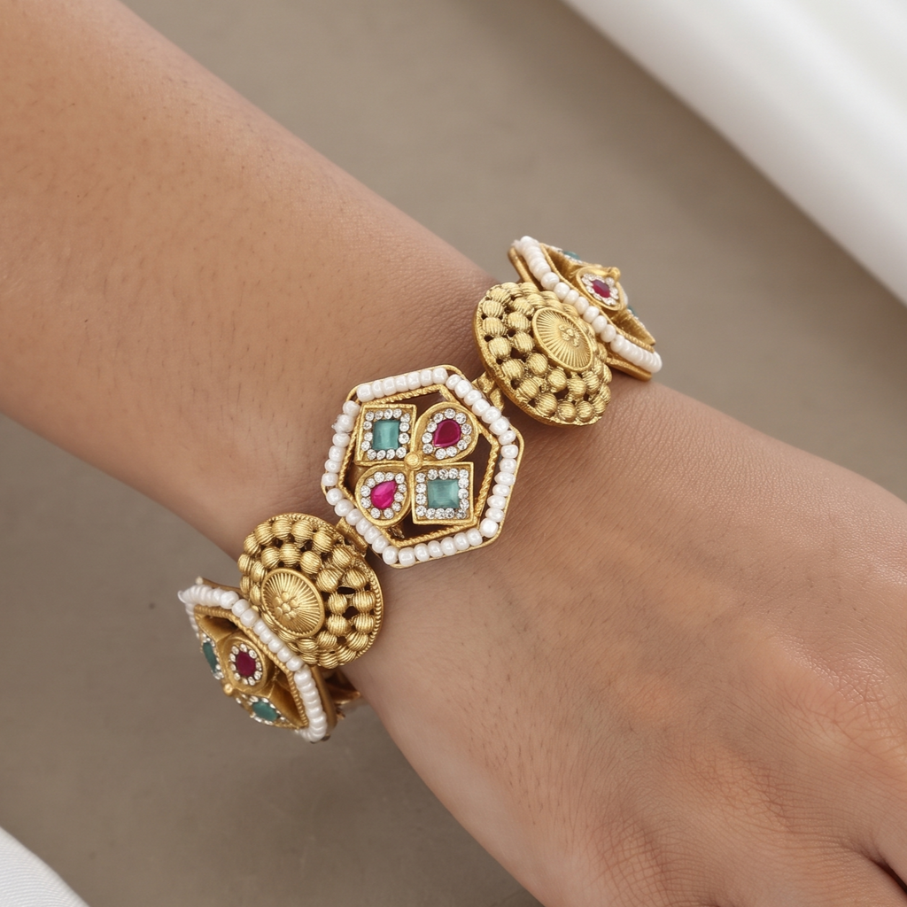 Exquisite Gold-Plated Multicolored Stone & Pearl Bracelet