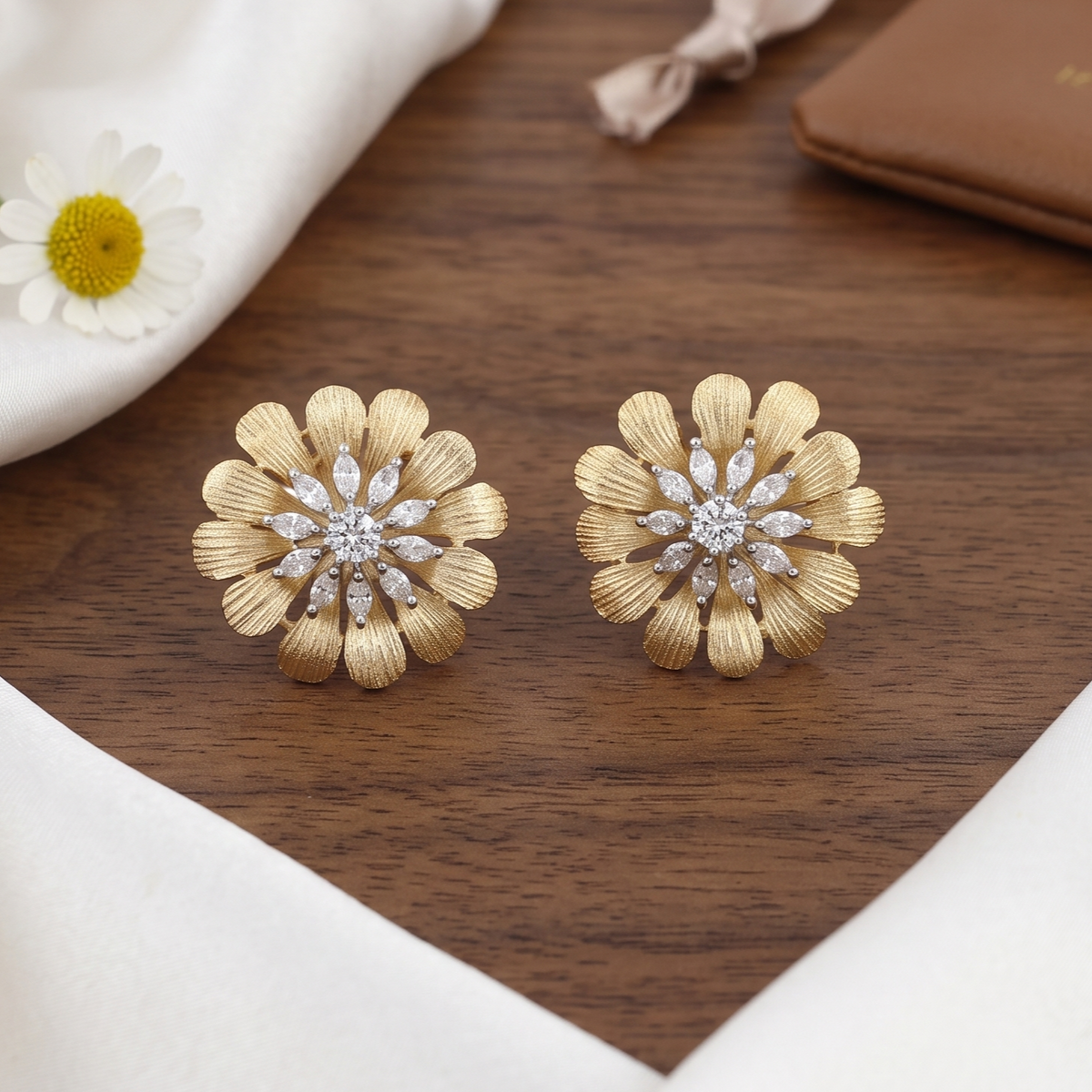 Textured Gold Floral Stud Earrings with Marquise CZ Diamonds