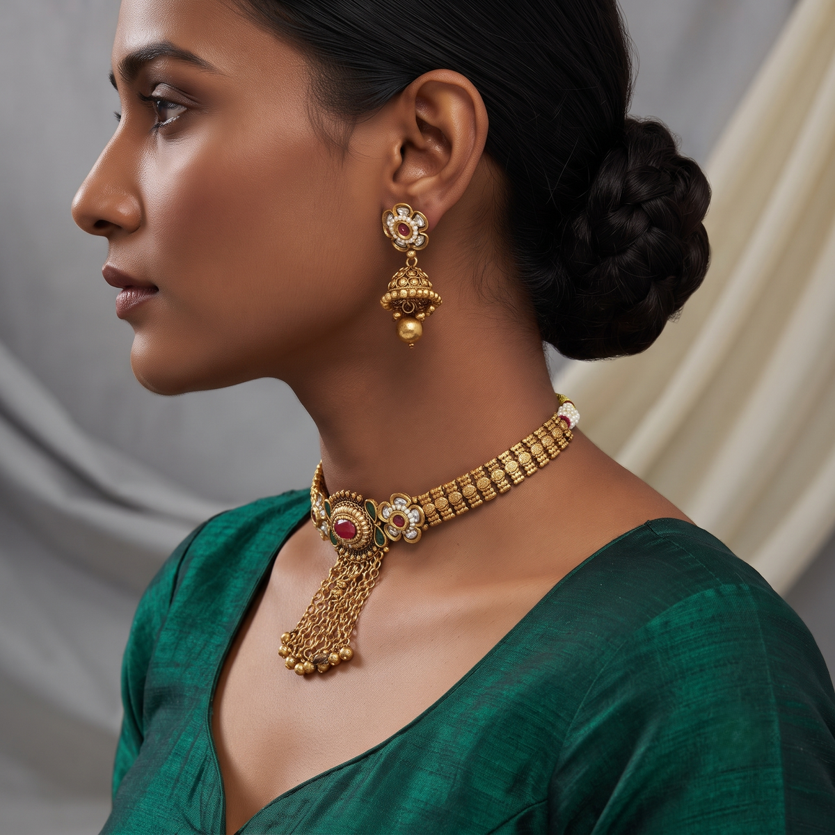 Traditional Gold-Plated Floral Stone Choker Necklace Set