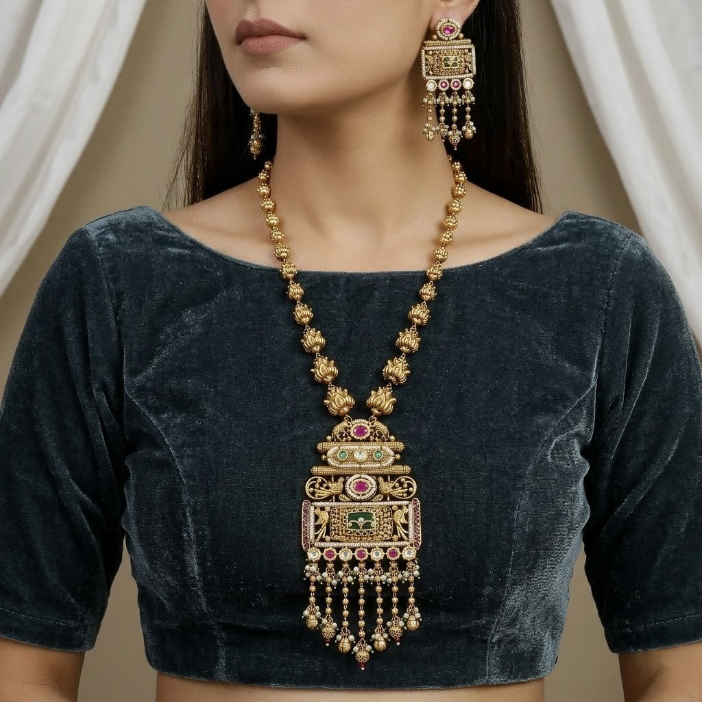 Antique Long Necklace Set with Statement Pendant & Dangling Beads