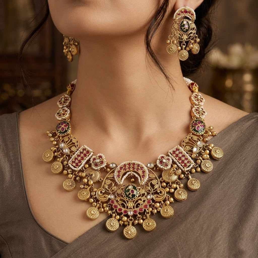 Intricate Gold Filigree Choker Set with Crescent Moon & Coin Drops