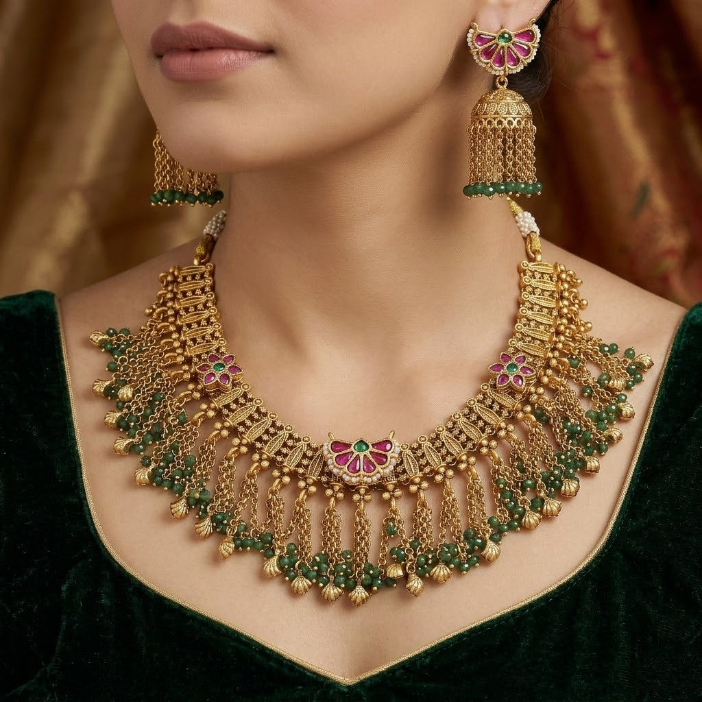Antique Gold Plated Necklace Set with Green Beads and Jhumka Earrings