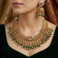 Antique Gold Plated Necklace Set with Green Beads and Jhumka Earrings