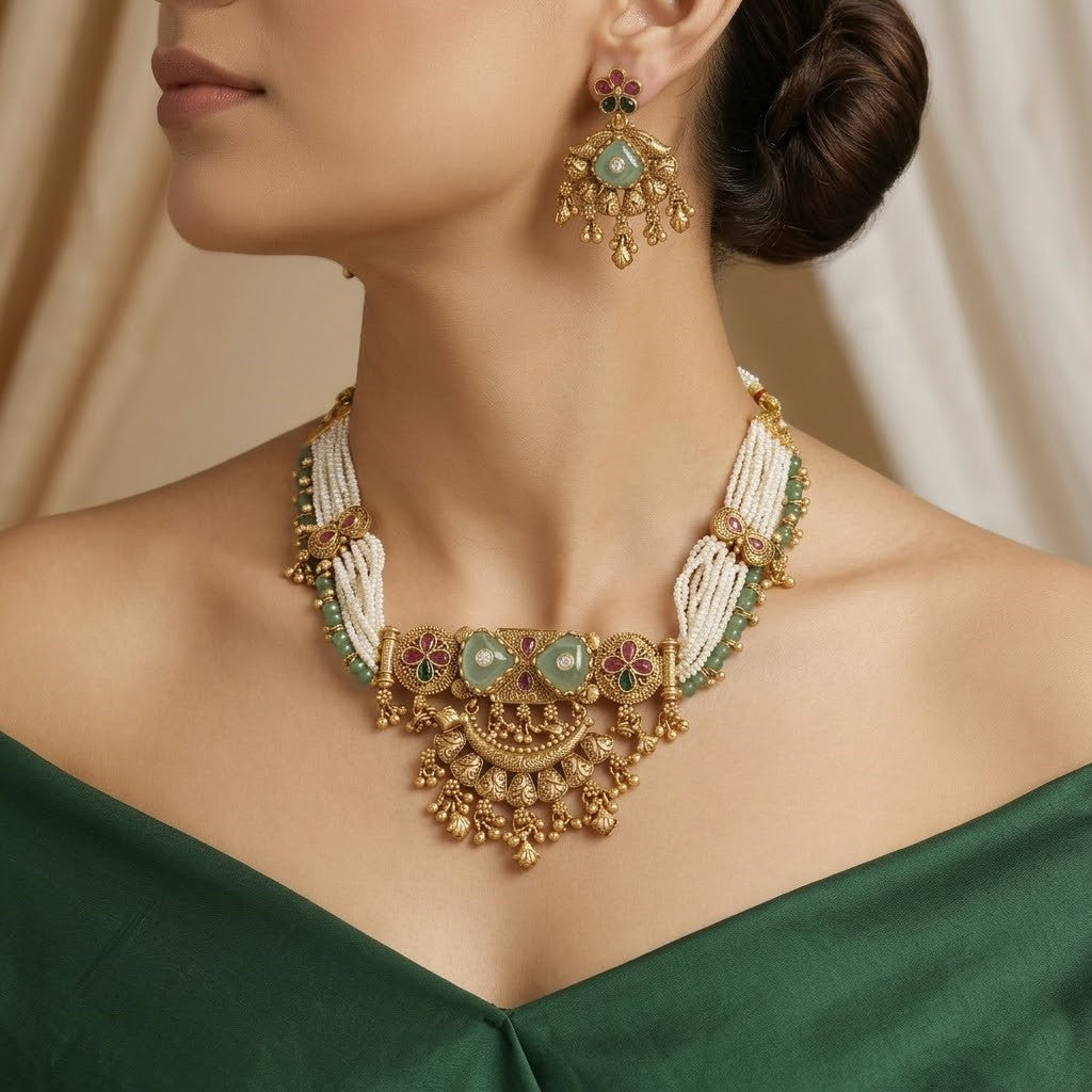 Indian Kundan Style Wedding Necklace With Earrings