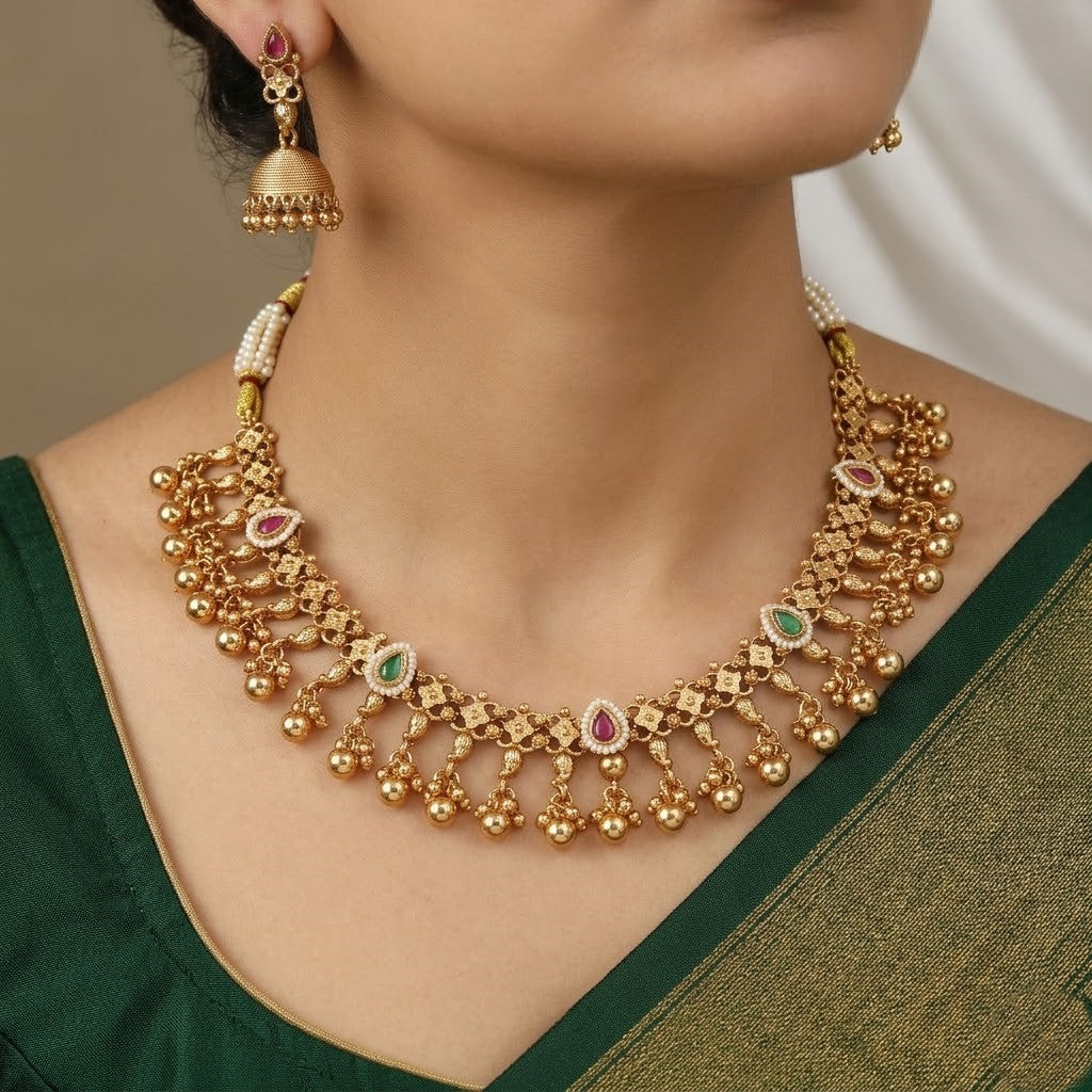 Traditional Matt Gold Finish Necklace Set With Earrings