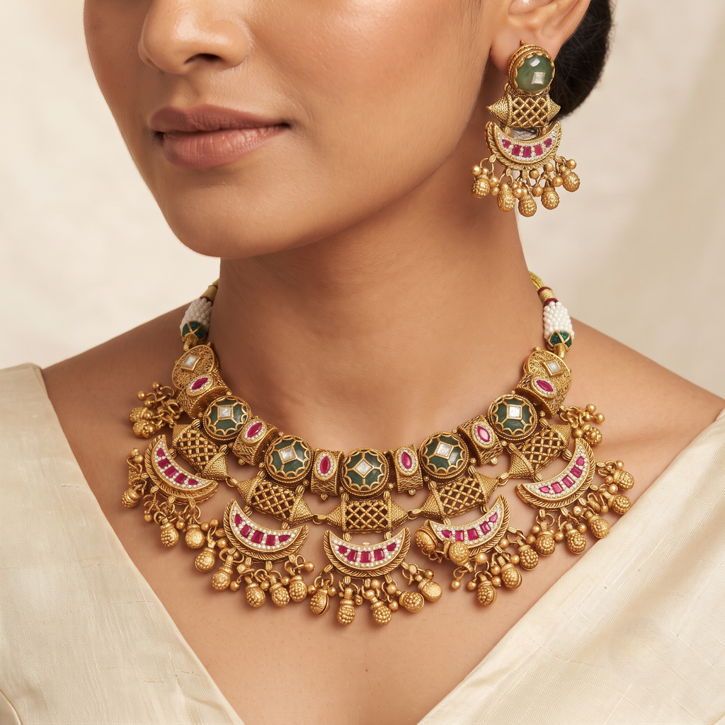 Traditional Gold-Plated Layered Stone Choker Necklace Set