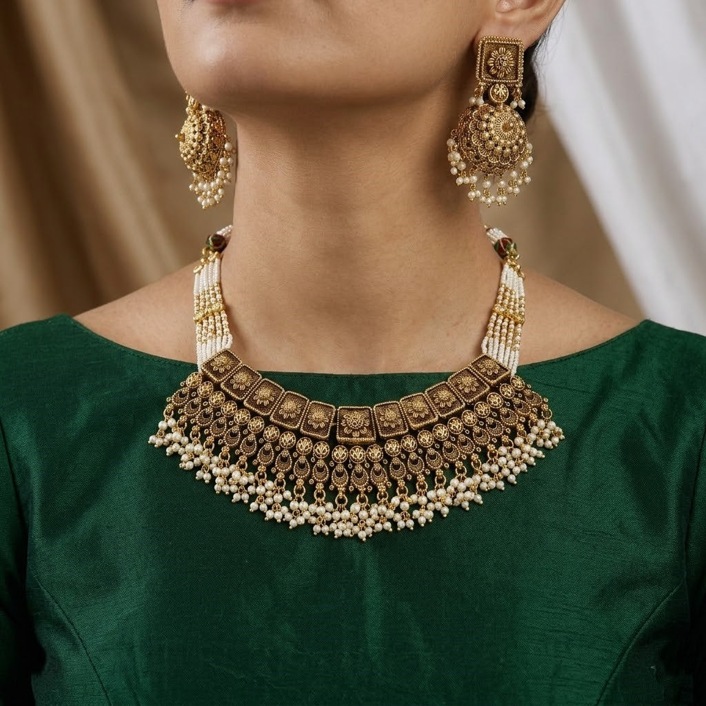 Traditional Pearl Beaded Antique Gold Choker & Earring Set