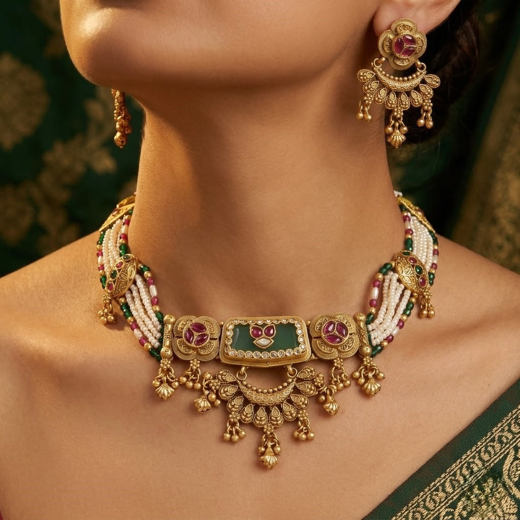 Pearl & Meenakari Antique Wedding Necklace Set