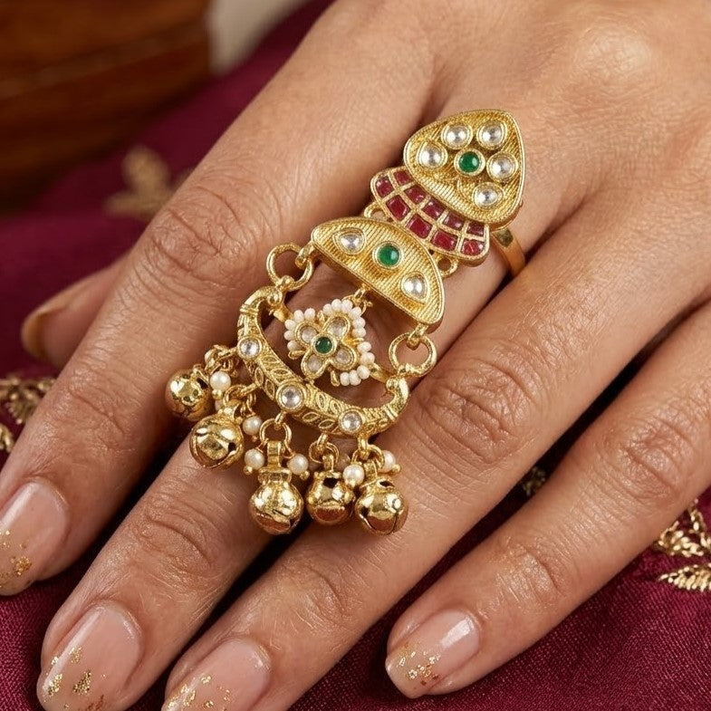 Traditional Indian Gold-Plated Kundan Meenakari Long Ring with Pearls & Bells