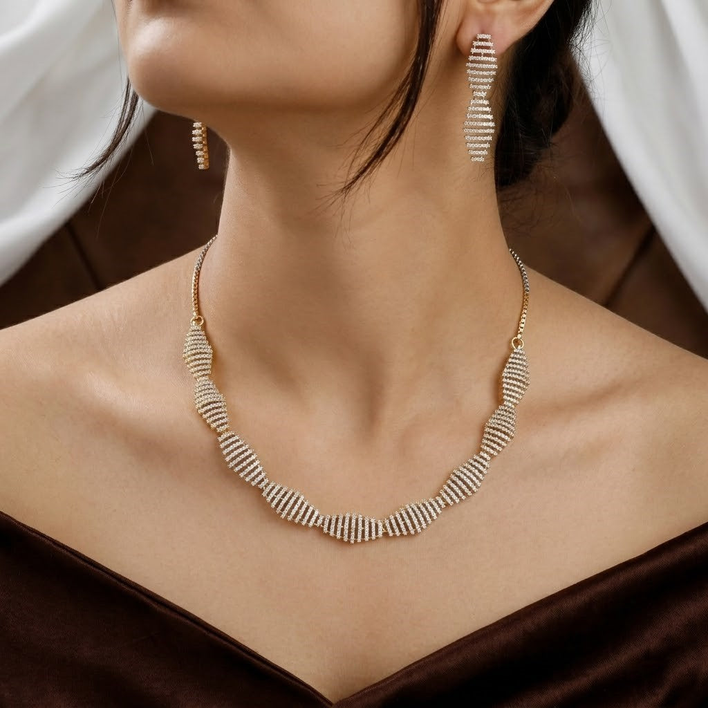 Gold Tone Modern Spiral Cubic Zirconia Necklace & Stud Earring Set
