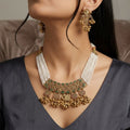 Antique Gold Peacock Necklace Set Multi-Strand Pearls & Ghungroo Dangles