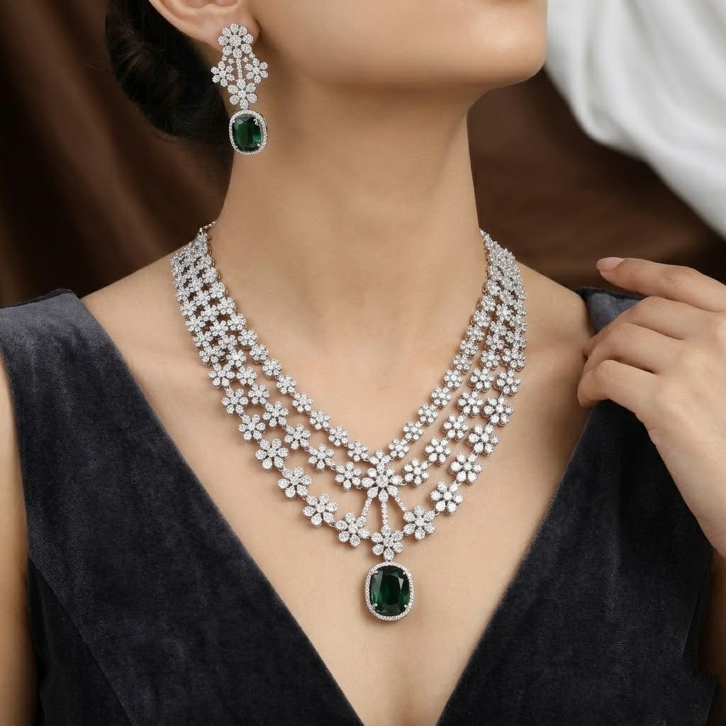 Emerald Green & American Diamond 3-Layer Floral Necklace Set (With Chain)