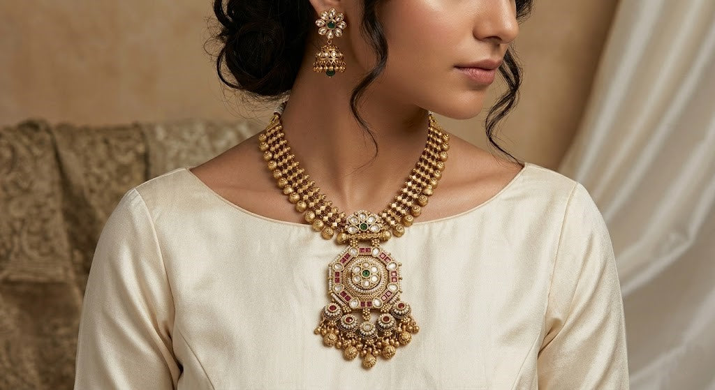 Traditional Gold-Toned Necklace with Jhumka Earrings