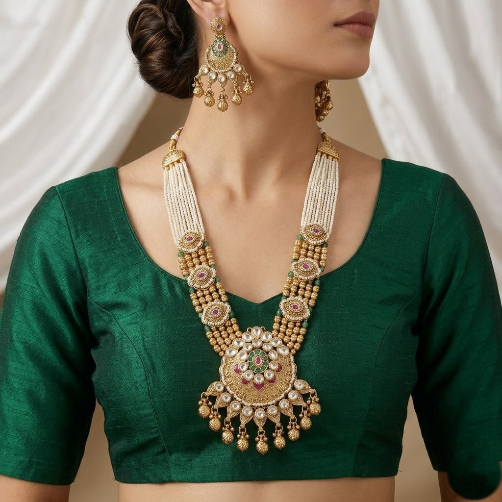 Kundan-Style Matte Necklace Set with Pearl and Ruby Accents